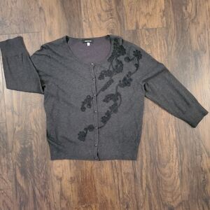 Spense Cardigan Charcoal Grey W/Black Beaded Applique Size XL